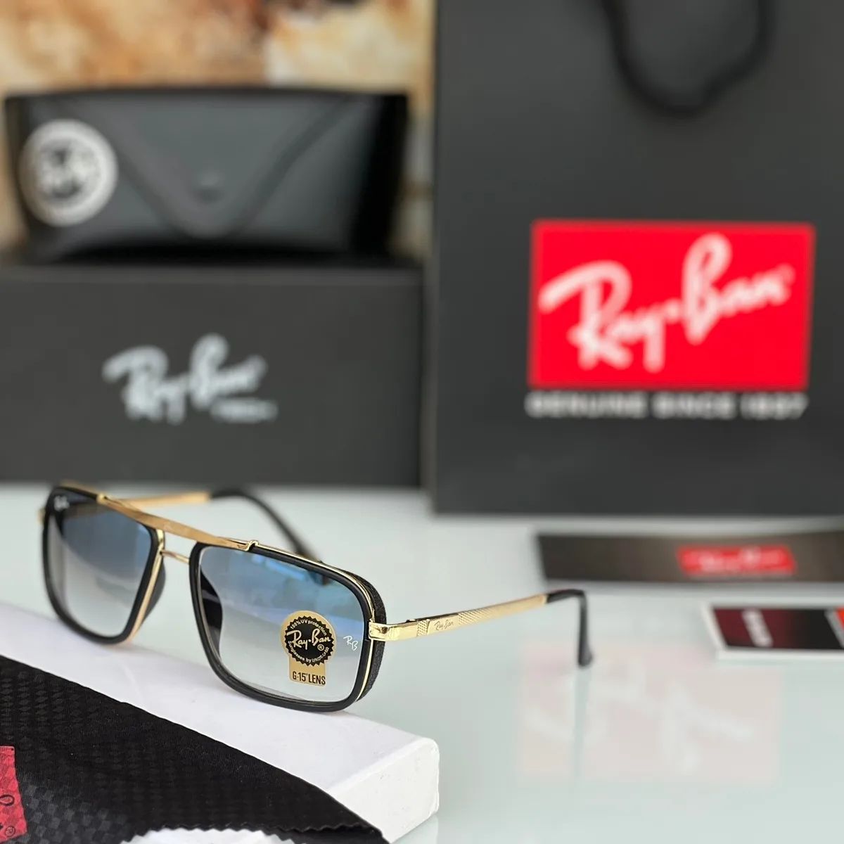 RAY-BAN Trendy FancyBlue Shade & Gold 4413 Square Side Cap Trendy Hot Favourite Wintage Sunglass For Unisex.